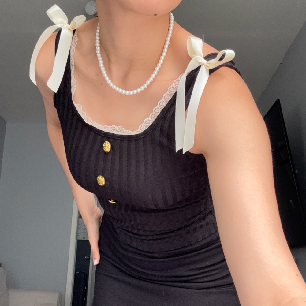 Colette – Handcrafted Black Tank Top with Satin Bows, Lace Trim & Gold Buttons